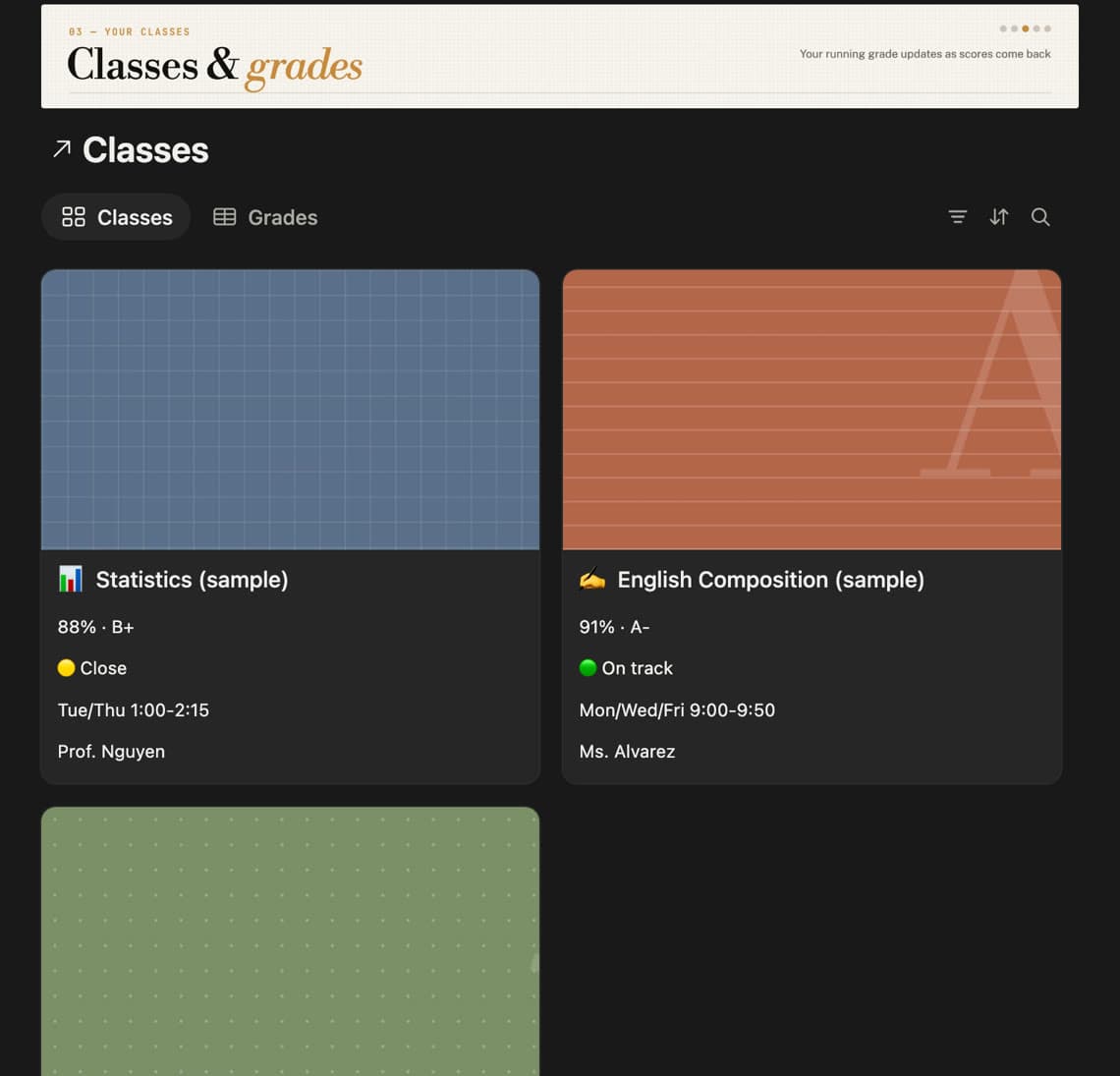 Class gallery showing each class's running grade, letter grade and standing