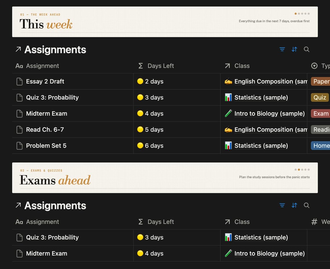 This week and Exams ahead sections, with a countdown for each assignment