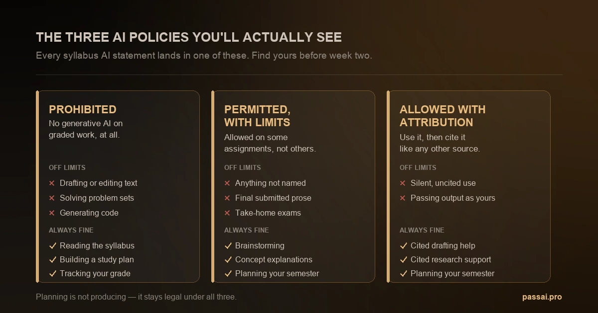 Three college AI policy tiers — prohibited, permitted with limits, and allowed with attribution — showing which AI uses are off limits and which stay fine under each