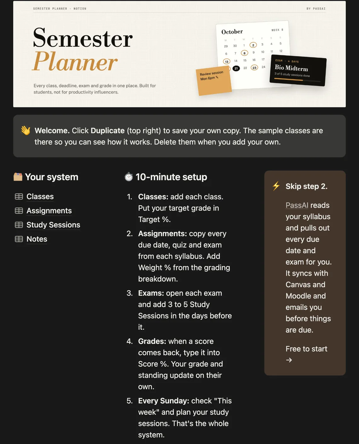 PassAI's Semester Planner Notion template home page, with links to Classes, Assignments, Study Sessions and Notes and a 10-minute setup checklist