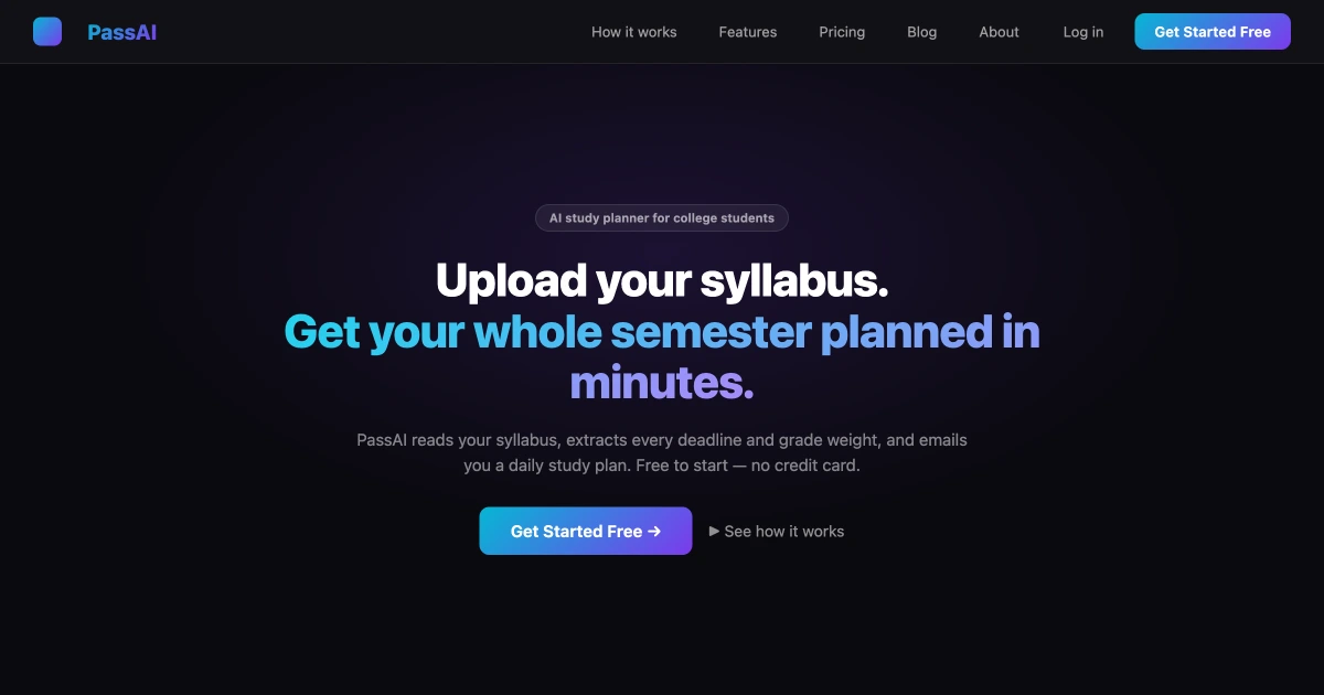 PassAI — AI study planner for college students landing page
