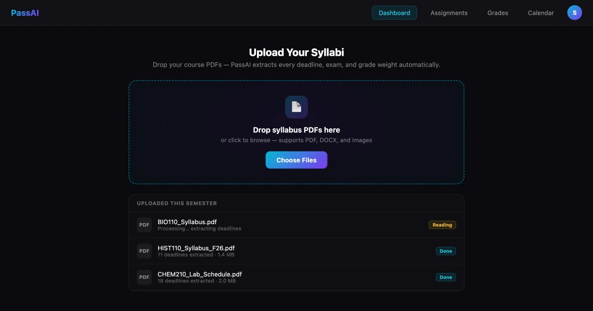 PassAI syllabus upload screen — drop in a PDF and get your full semester plan