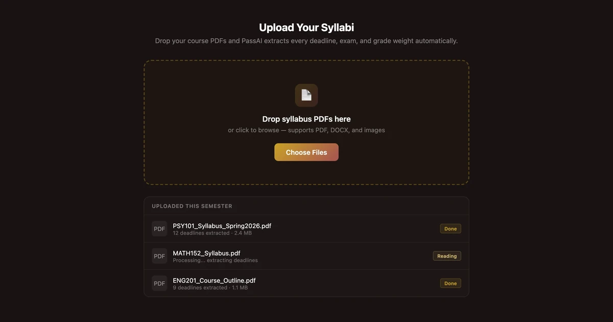 PassAI's syllabus upload — drop in a PDF, get back the deadline count and grade weights per course