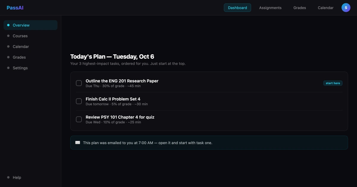 PassAI dashboard showing every assignment and deadline across all classes in one view