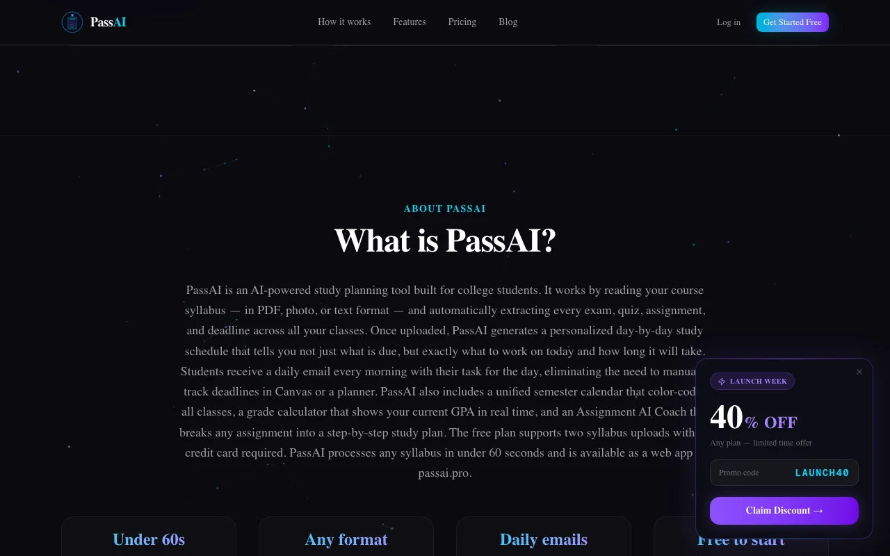 PassAI features — daily email reminders, AI coach, and semester planning for college students