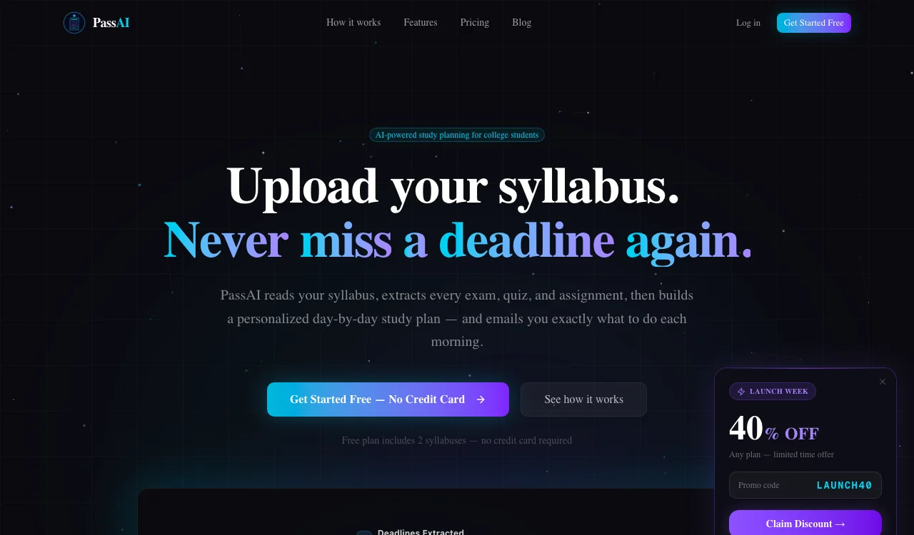 PassAI — AI study planner for college students landing page