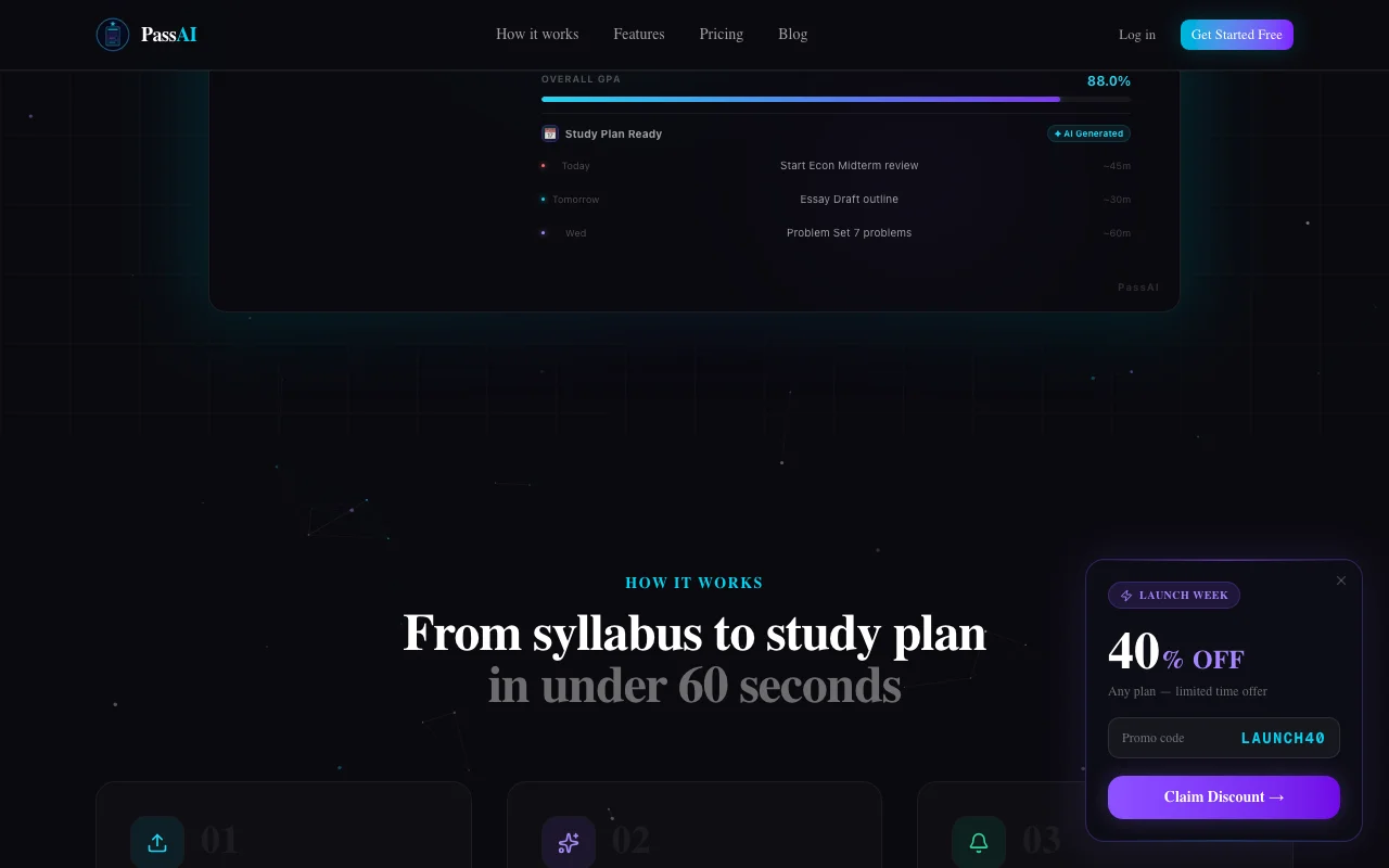 PassAI How It Works — syllabus upload to day-by-day study plan in 60 seconds