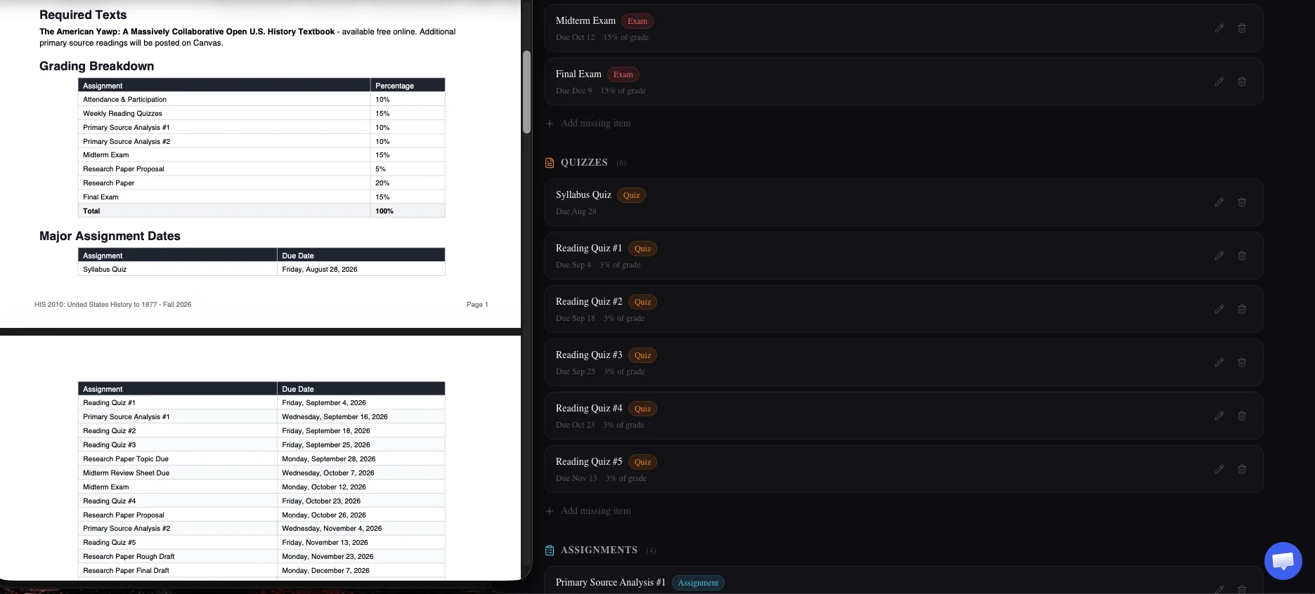 PassAI Review and Confirm screen showing 16 extracted items with grade weights